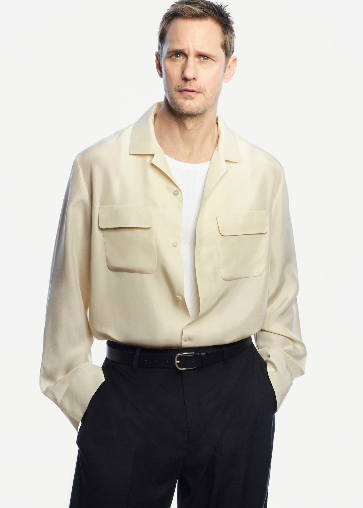 ALEX WEARING SILK BUTTER YELLOW SHIRT, VEST, AND BLACK TROUSERS