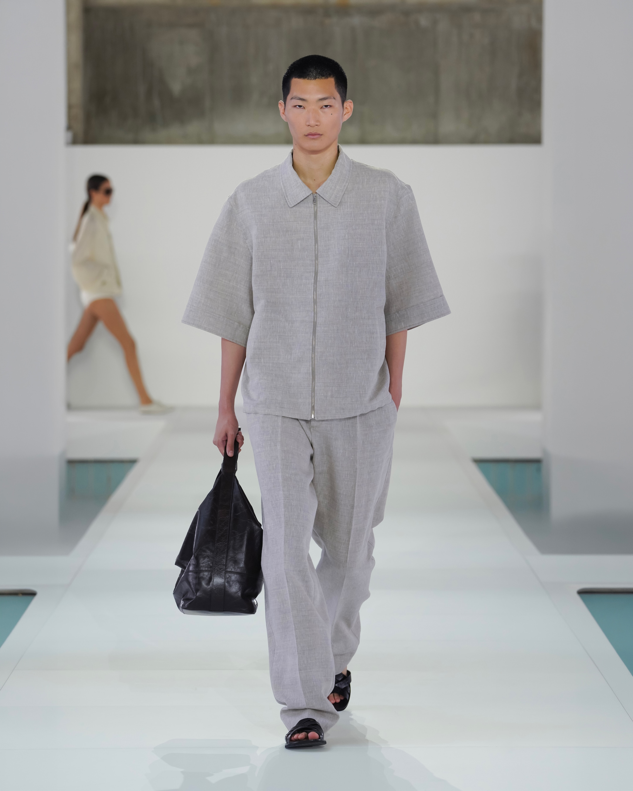 grey melange zip up shirt and trousers