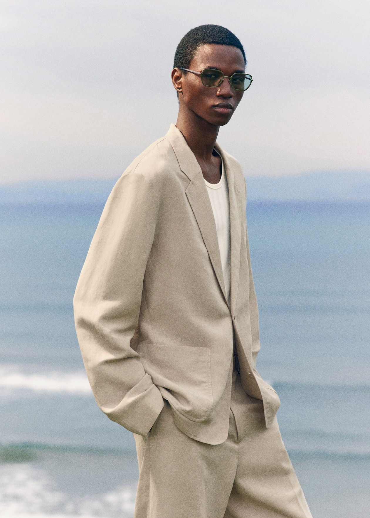 linen suit with summery background