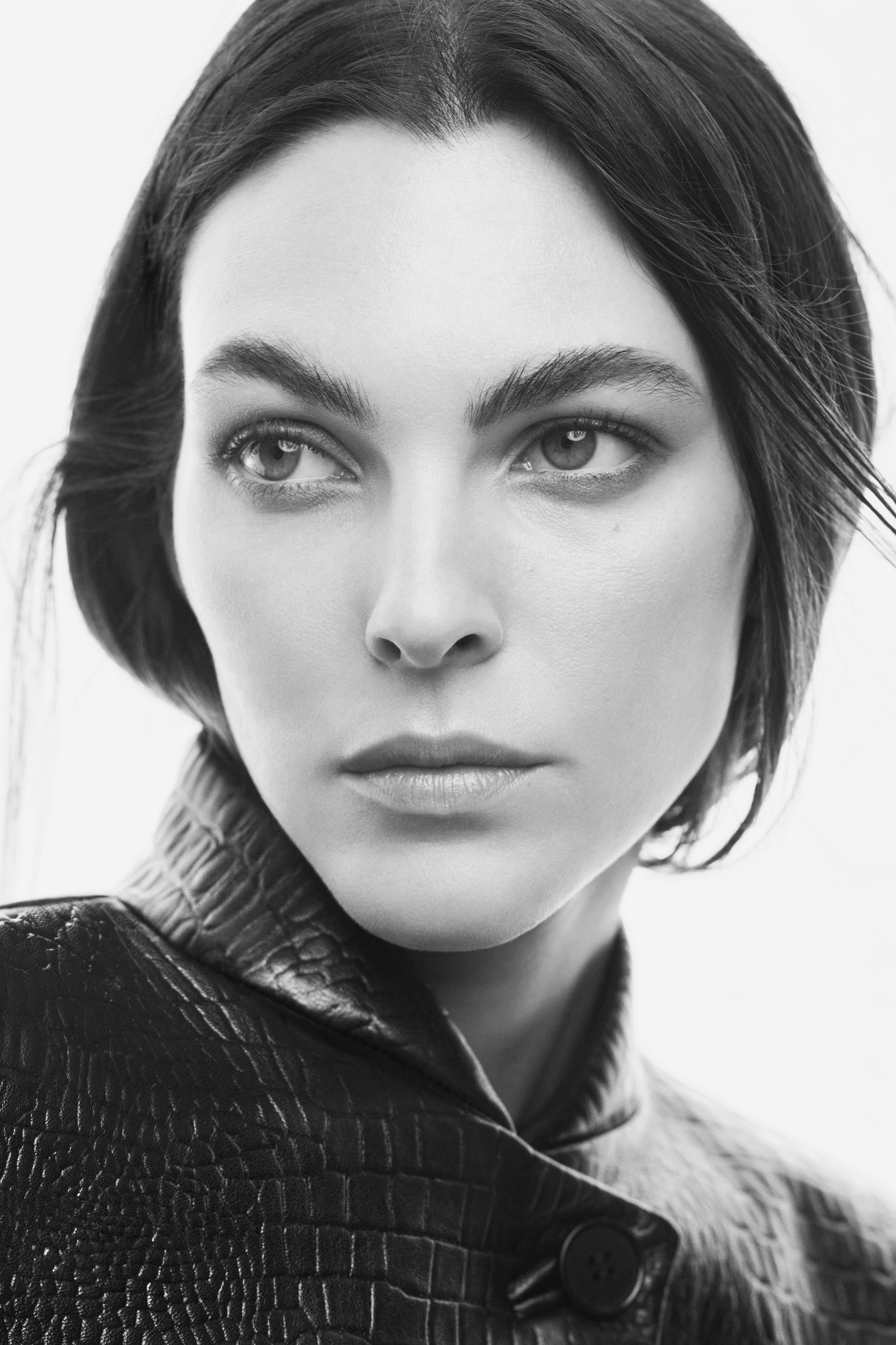 model wearing leather jacket