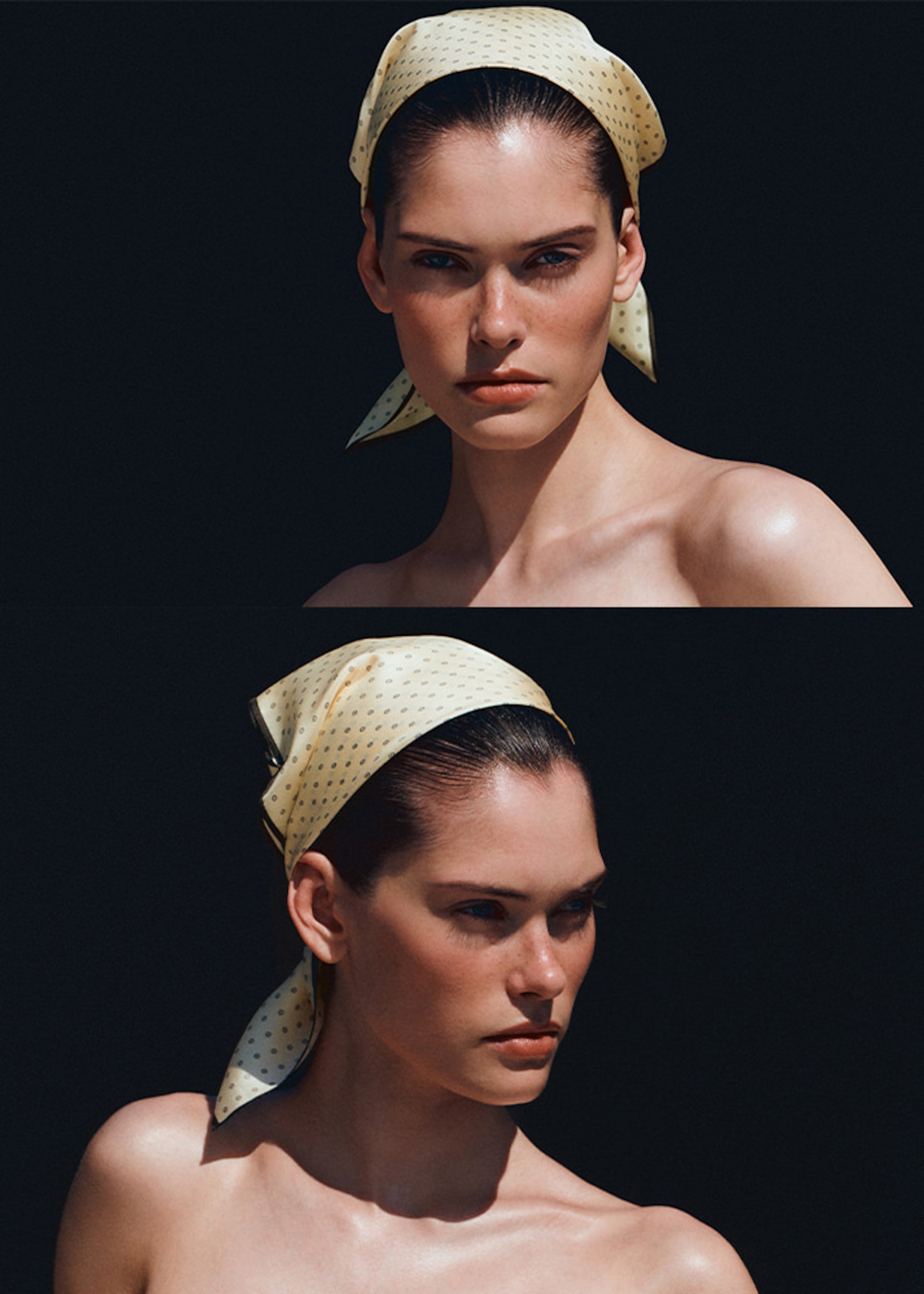 Woman with a yellow polka-dotted headscarf poses against a dark background, with bare shoulders and a pensive expression.