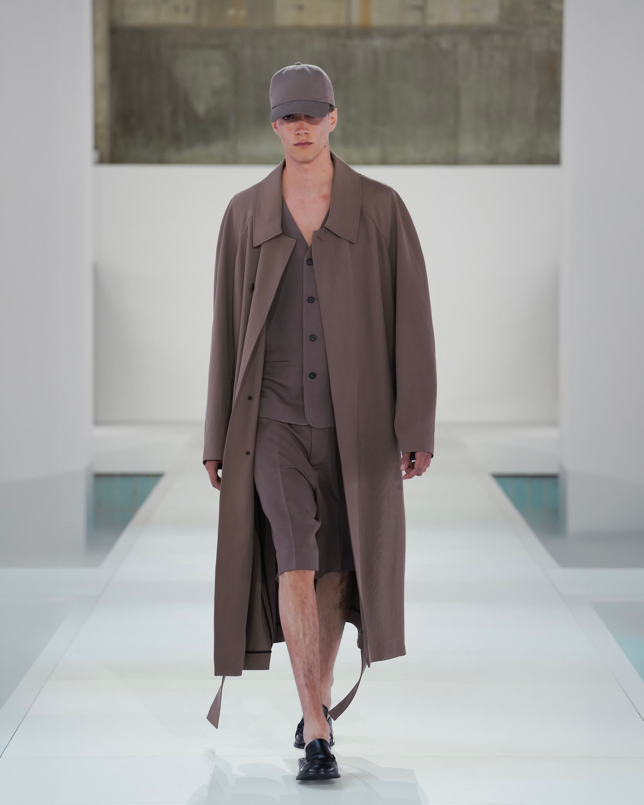 brown waistcoat, shorts, cap and trench coat