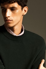 Placeholder for: Person with short dark hair gazing sideways, wearing a dark sweater over a light collared shirt, against a plain background.