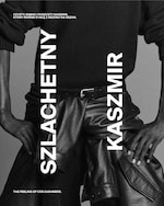 Placeholder for: Person wearing a dark sweater with hands on hips, showcasing leather pants. Bold text in Polish and English highlights cashmere's appeal.