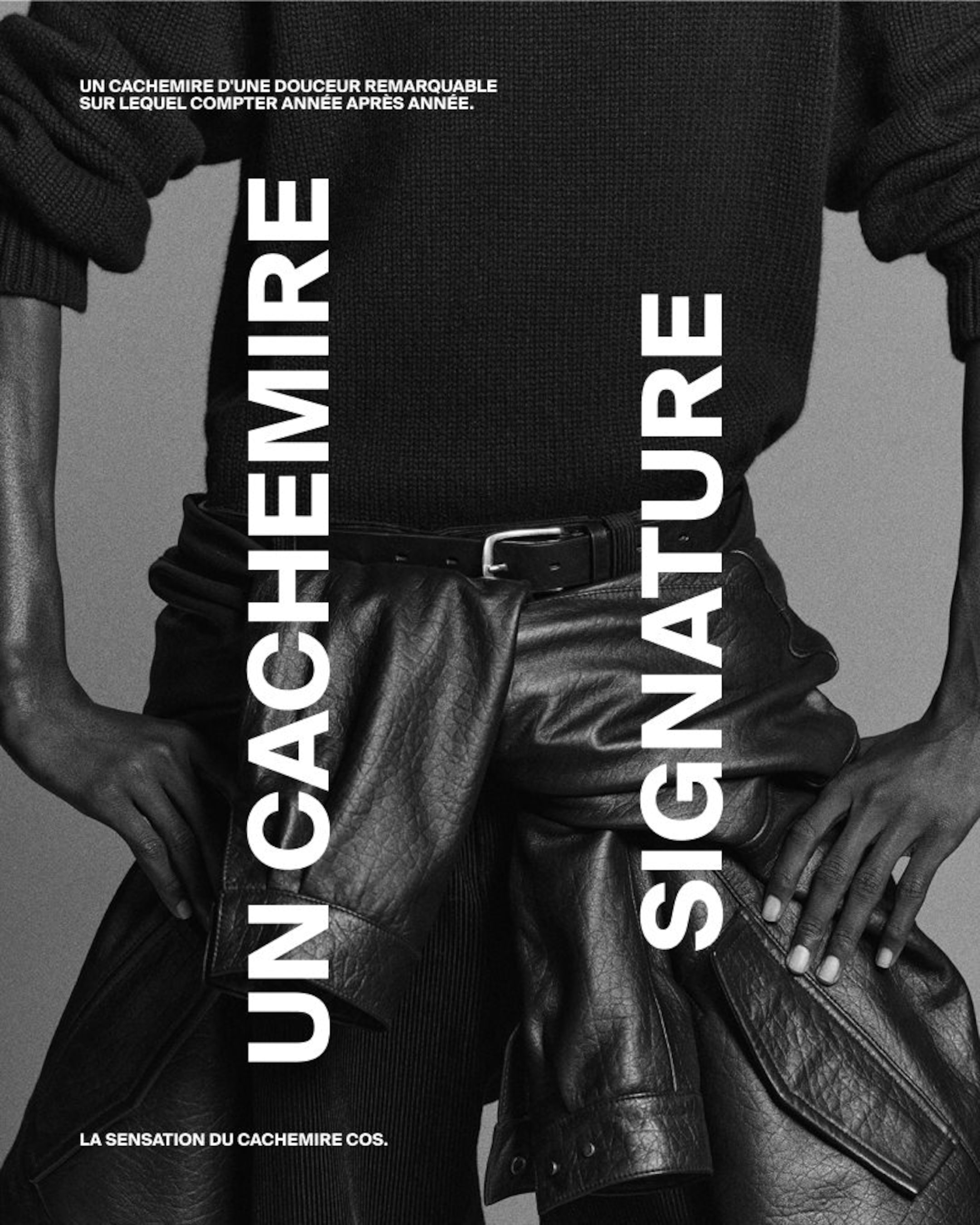 A person in a black knitted sweater and leather pants, with text reading "UN CACHEMIRE SIGNATURE" and other French text in a grayscale image.