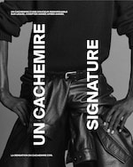 Placeholder for: A person in a black knitted sweater and leather pants, with text reading "UN CACHEMIRE SIGNATURE" and other French text in a grayscale image.