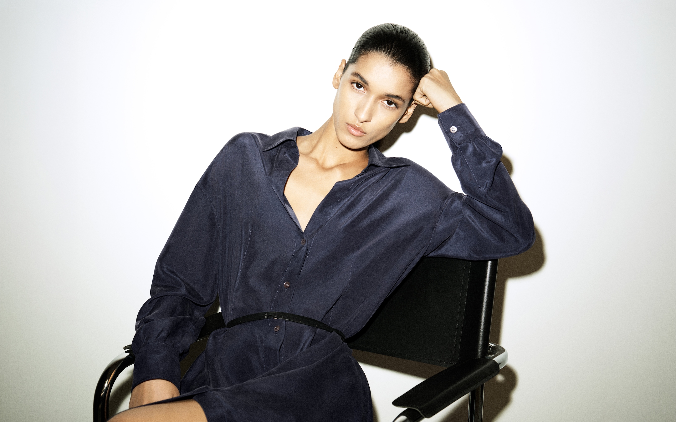 woman in blue silk dress