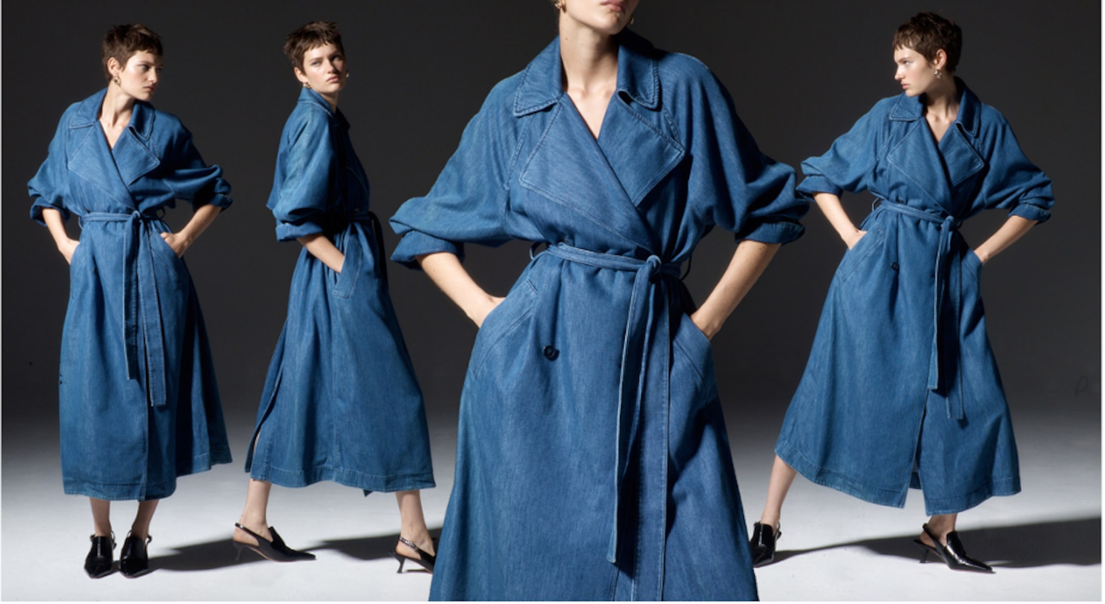 Woman in long blue denim coat